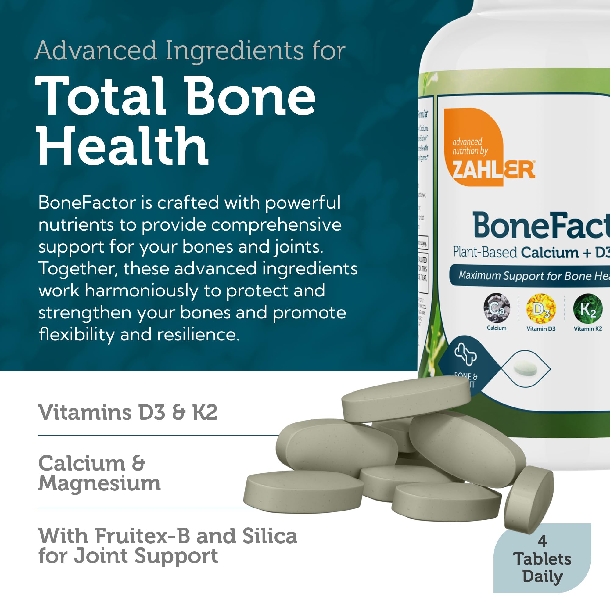 Zahler BoneFactor packaging and ingredients label indicating kosher and non-GMO purity.