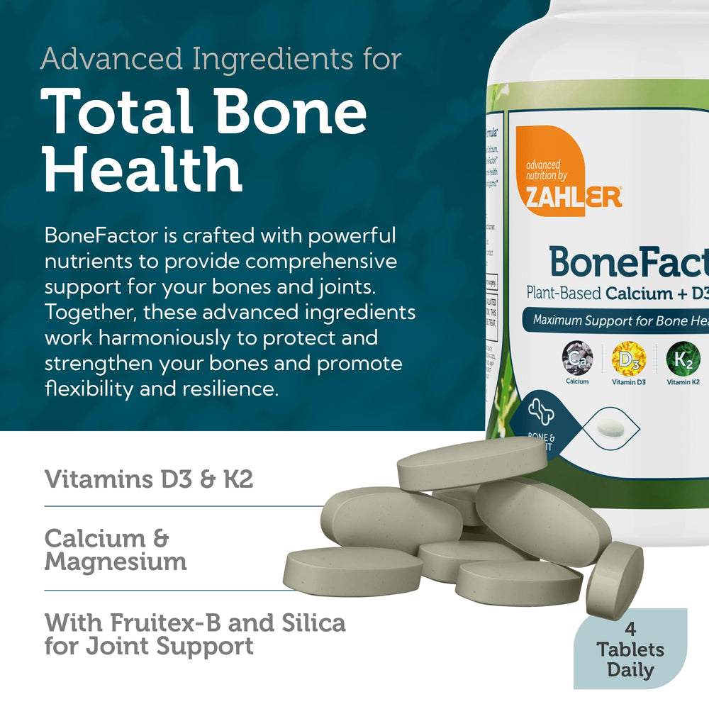 Zahler BoneFactor packaging and ingredients label indicating kosher and non-GMO purity.