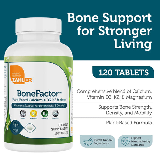 Zahler BoneFactor tablets arranged in bottle, highlighting compact daily-use size.