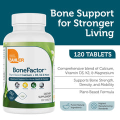 Zahler BoneFactor tablets arranged in bottle, highlighting compact daily-use size.
