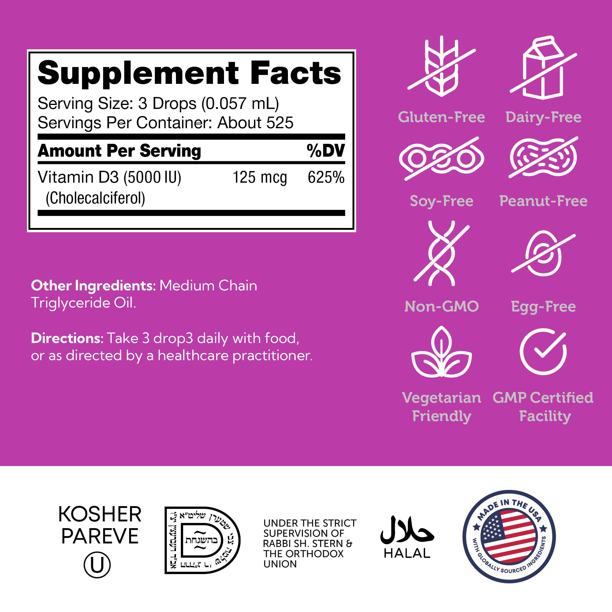 Zahler D3 dietary supplement bottle gluten-free and dairy-free for wellness