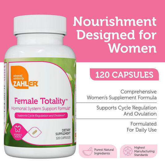 Zahler Female Totality capsules closeup highlighting nutrient blend