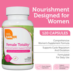 Zahler Female Totality capsules closeup highlighting nutrient blend