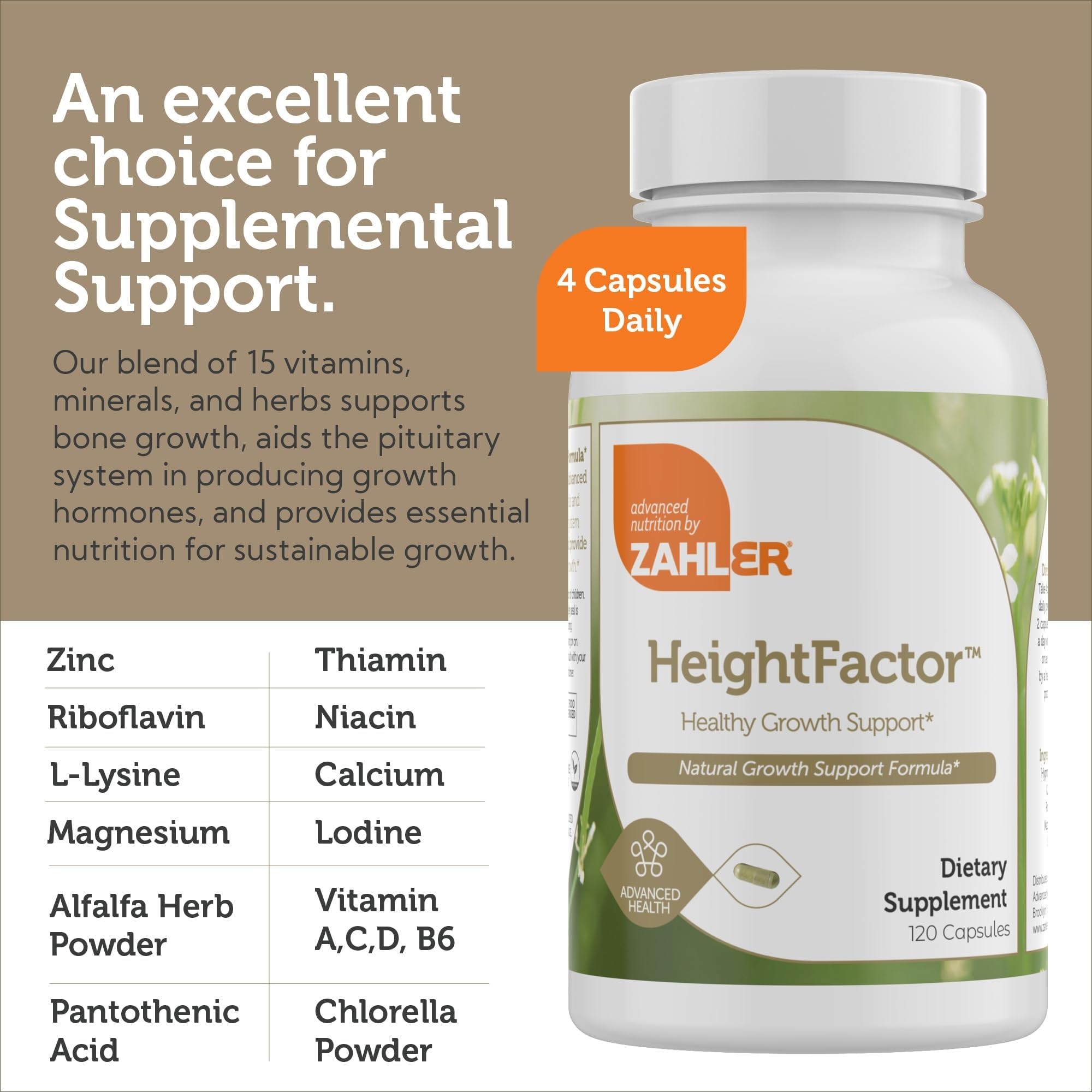 Zahler Height Factor nutrition label and ingredients list.