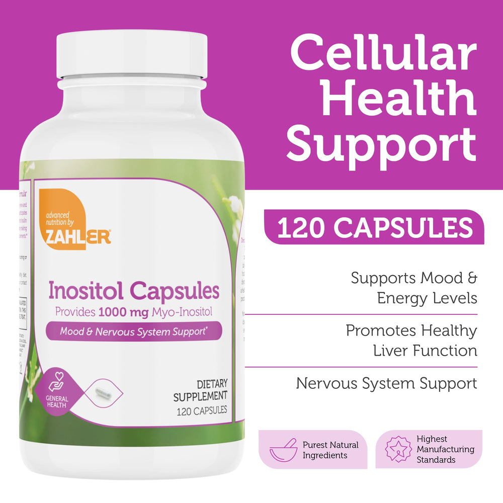Zahler Inositol capsules being poured from bottle for daily use.