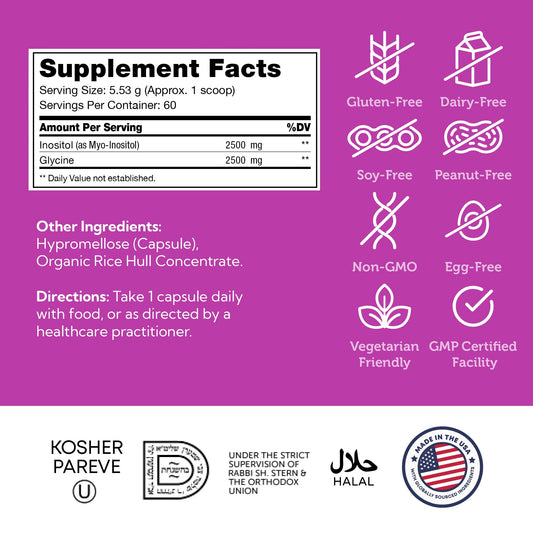 Zahler Inositol front label highlights kosher and gluten-free quality.