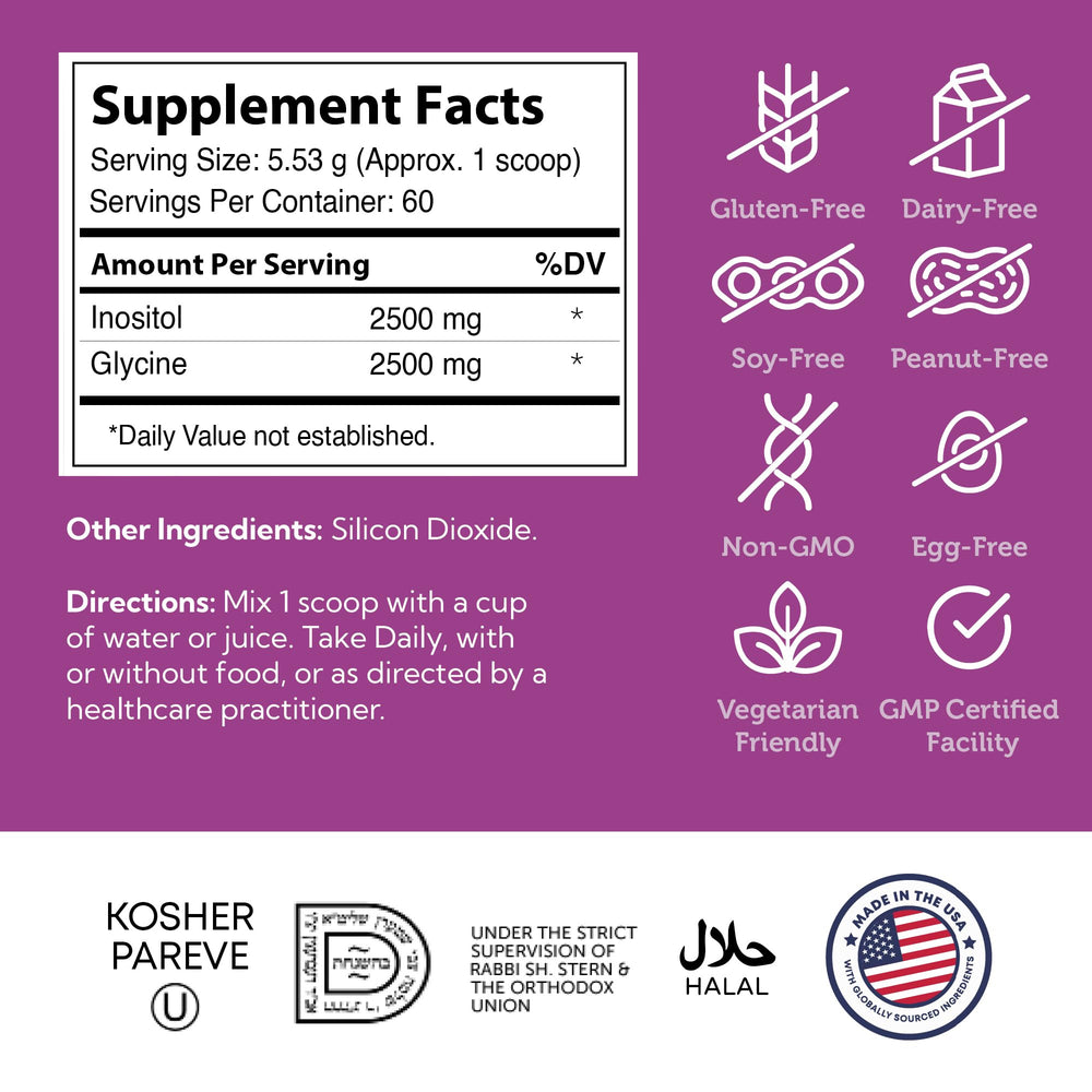 Zahler Inositol and Glycine powder poured into juice for quick routine.