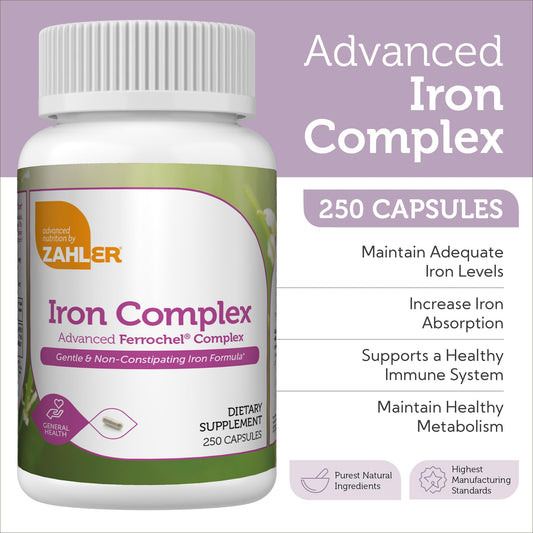 Zahler Iron Complex label close-up, highlights non-GMO and kosher certifications