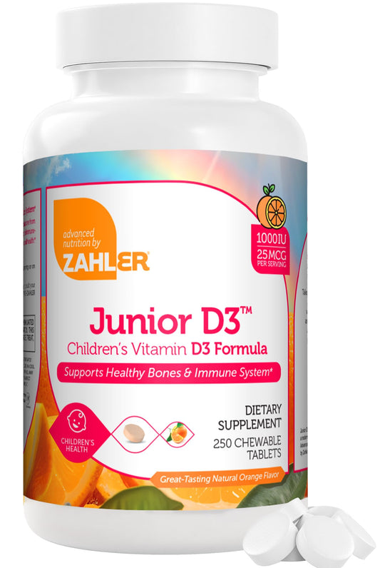 Zahler Junior D3 orange bottle front, supports bone and teeth health