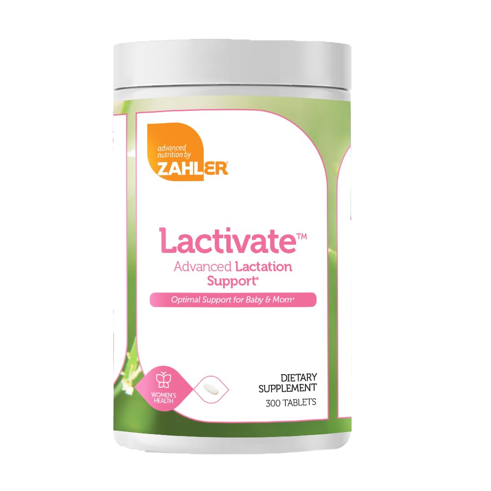 Zahler Lactivate bottle front shows kosher-certified lactation support for new mothers.