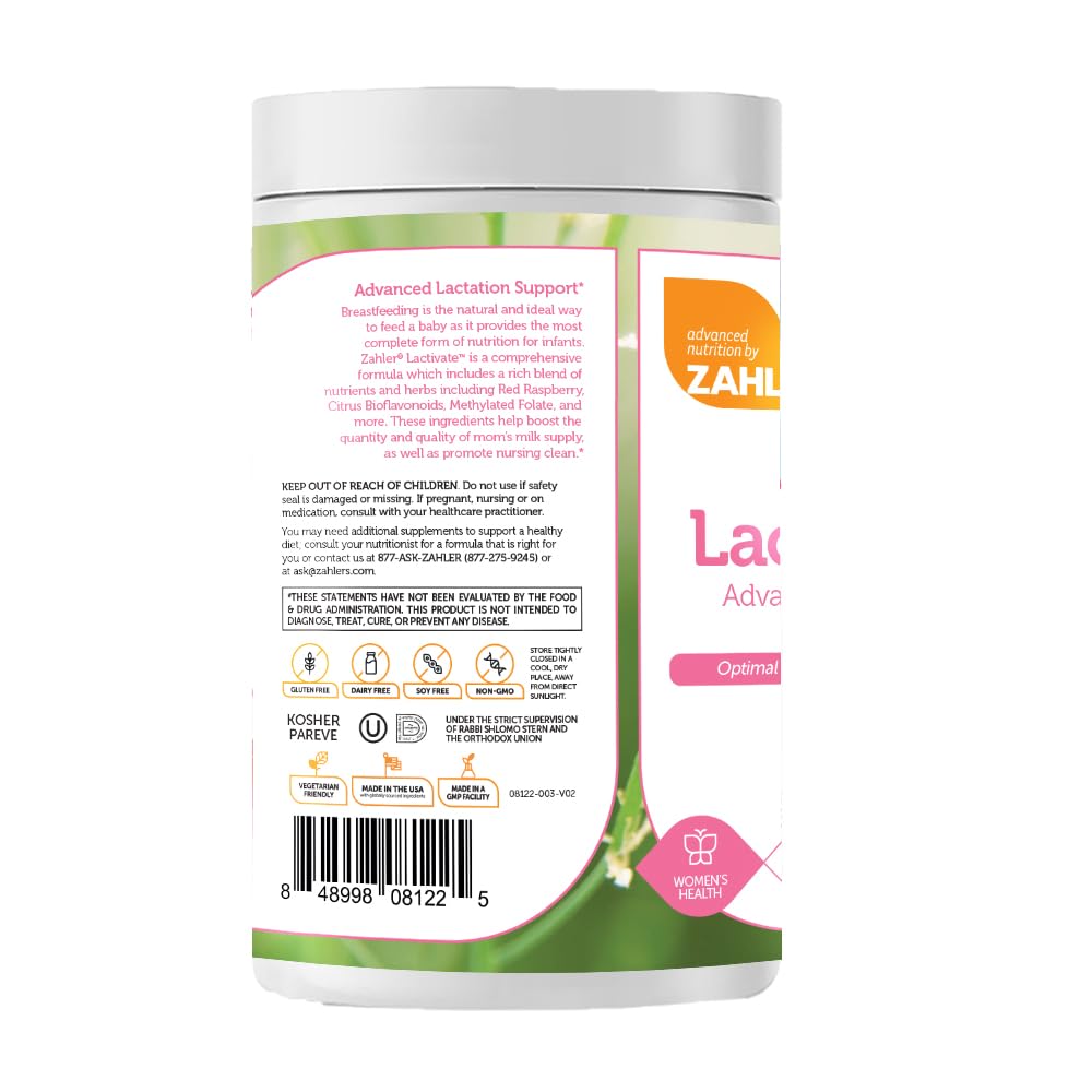 Zahler Lactivate bottle label highlights natural ingredients and certifications for nursing.