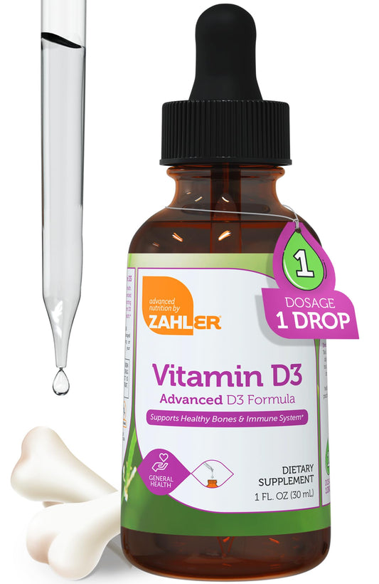 Zahler Liquid D3 5000 IU bottle pour for easy bone and immune support
