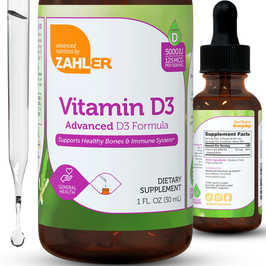 Zahler Liquid D3 drops pour-top showing simple daily dosing