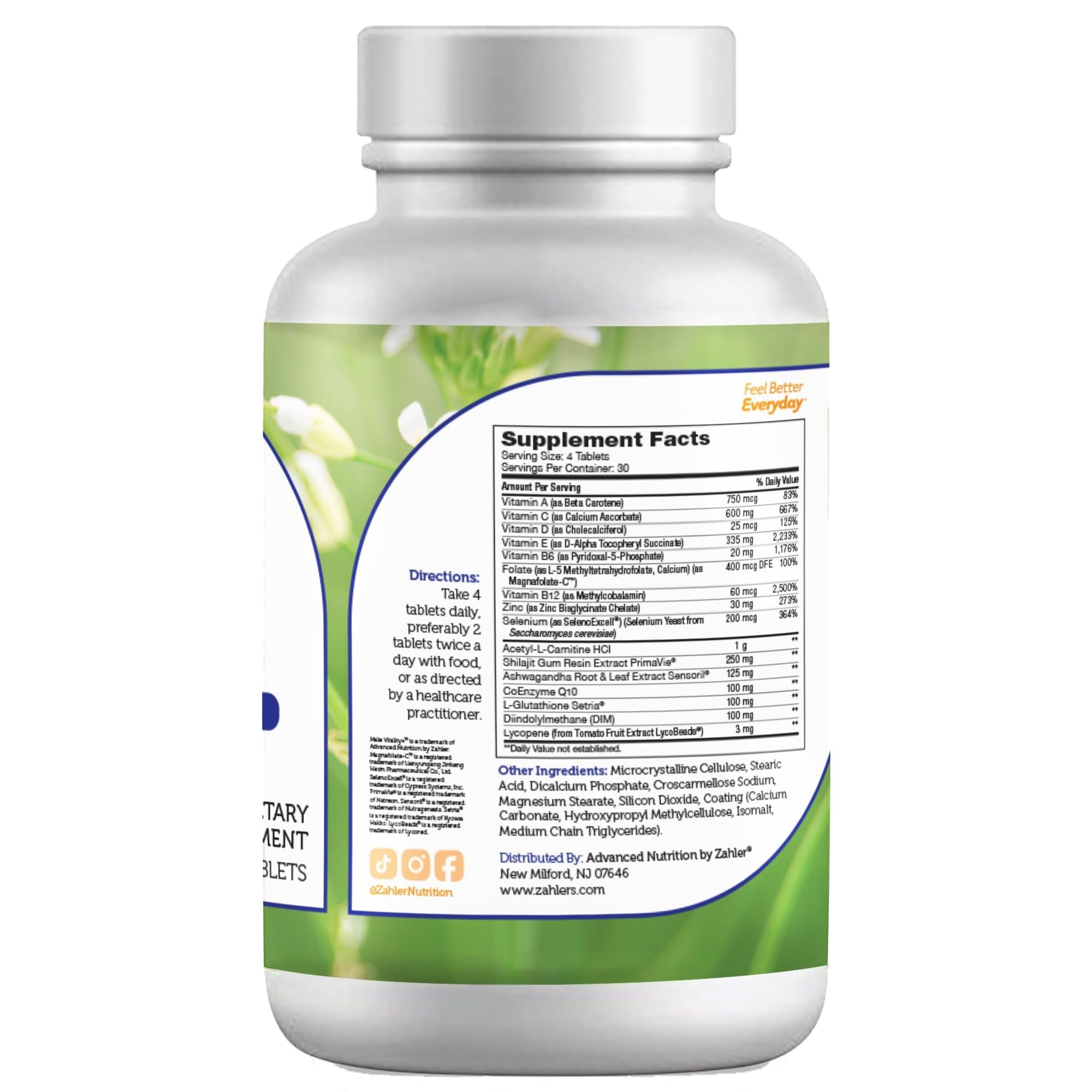 Zahler Male Vitality+ label closeup showing key ingredients for vitality