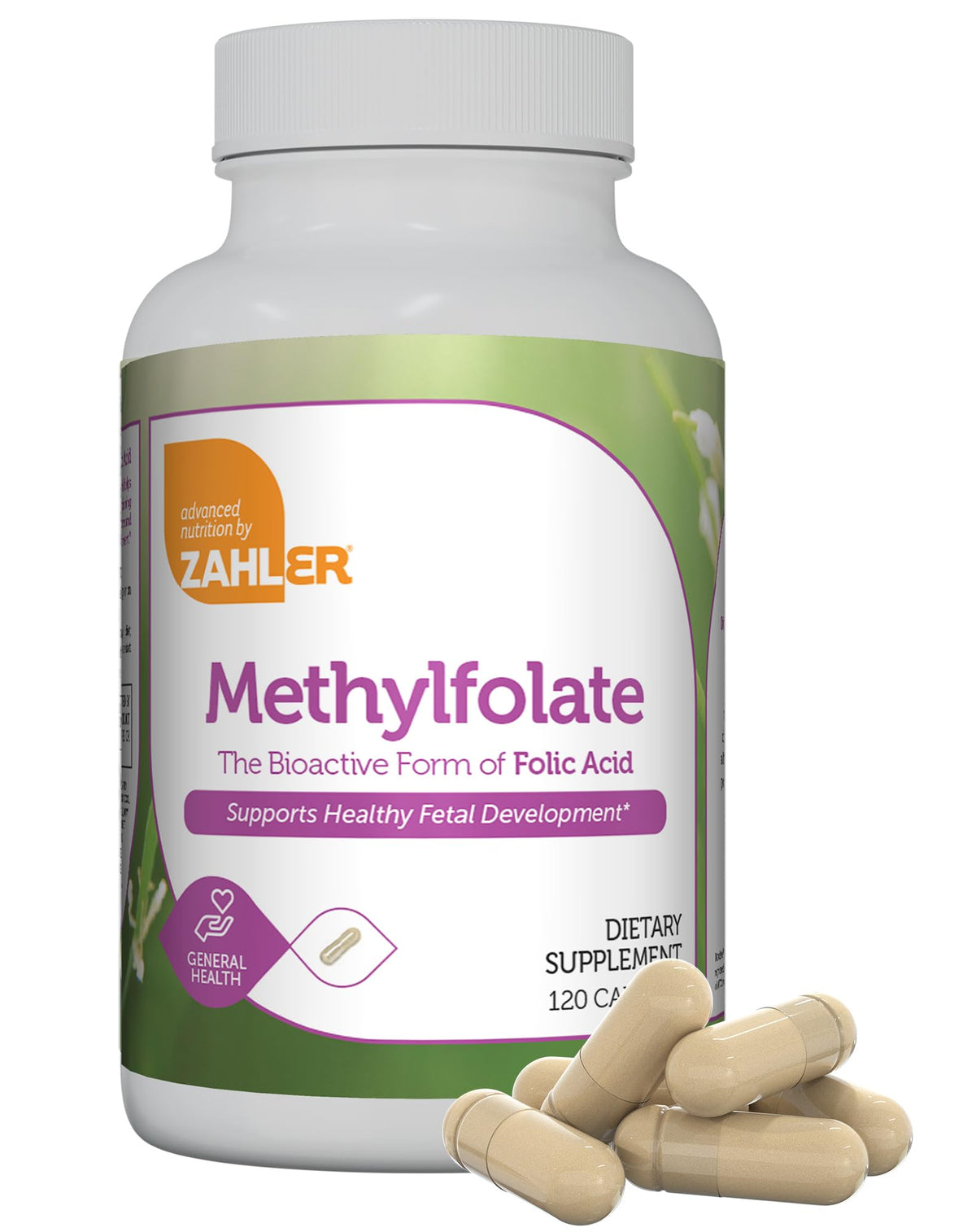 Zahler Methylfolate bottle with capsules illustrating daily prenatal support