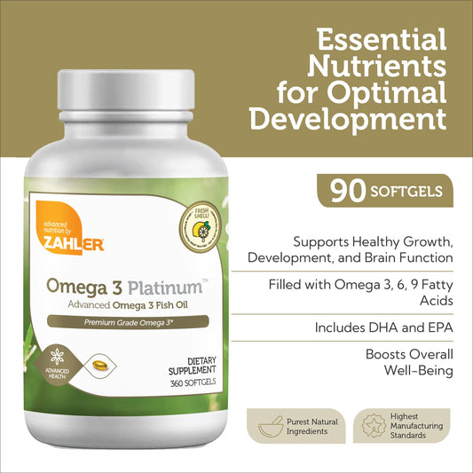 Zahler Omega 3 bottle back shows nutrition facts and ingredients.