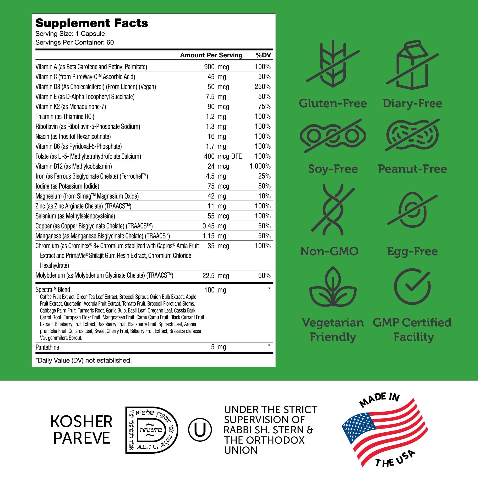 Zahler One Daily Multivitamin label highlights Spectra blend for balanced nutrition.