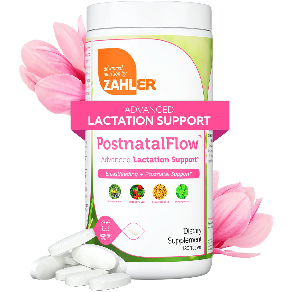 Zahler Postnatal Flow bottle shot supports lactation for new moms