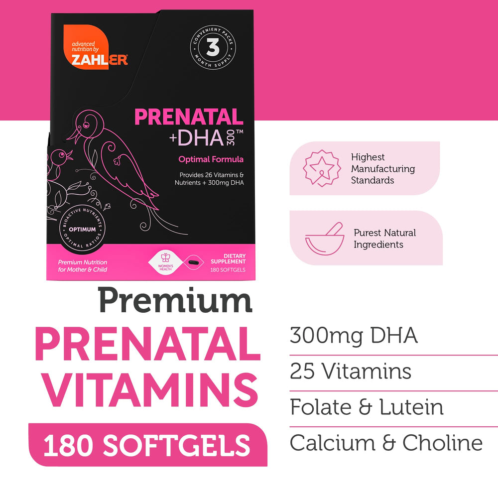 Zahler Prenatal DHA bottle shows kosher seal for dietary compliance.