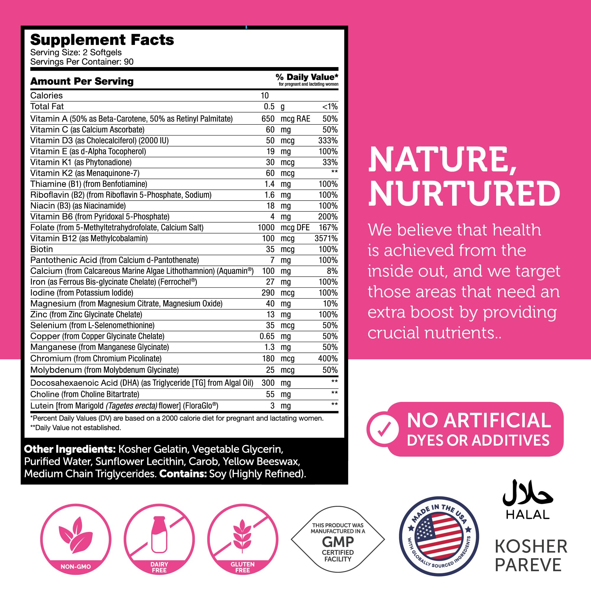 Zahler Prenatal DHA label highlights non-GMO gluten-free and dairy-free ingredients.