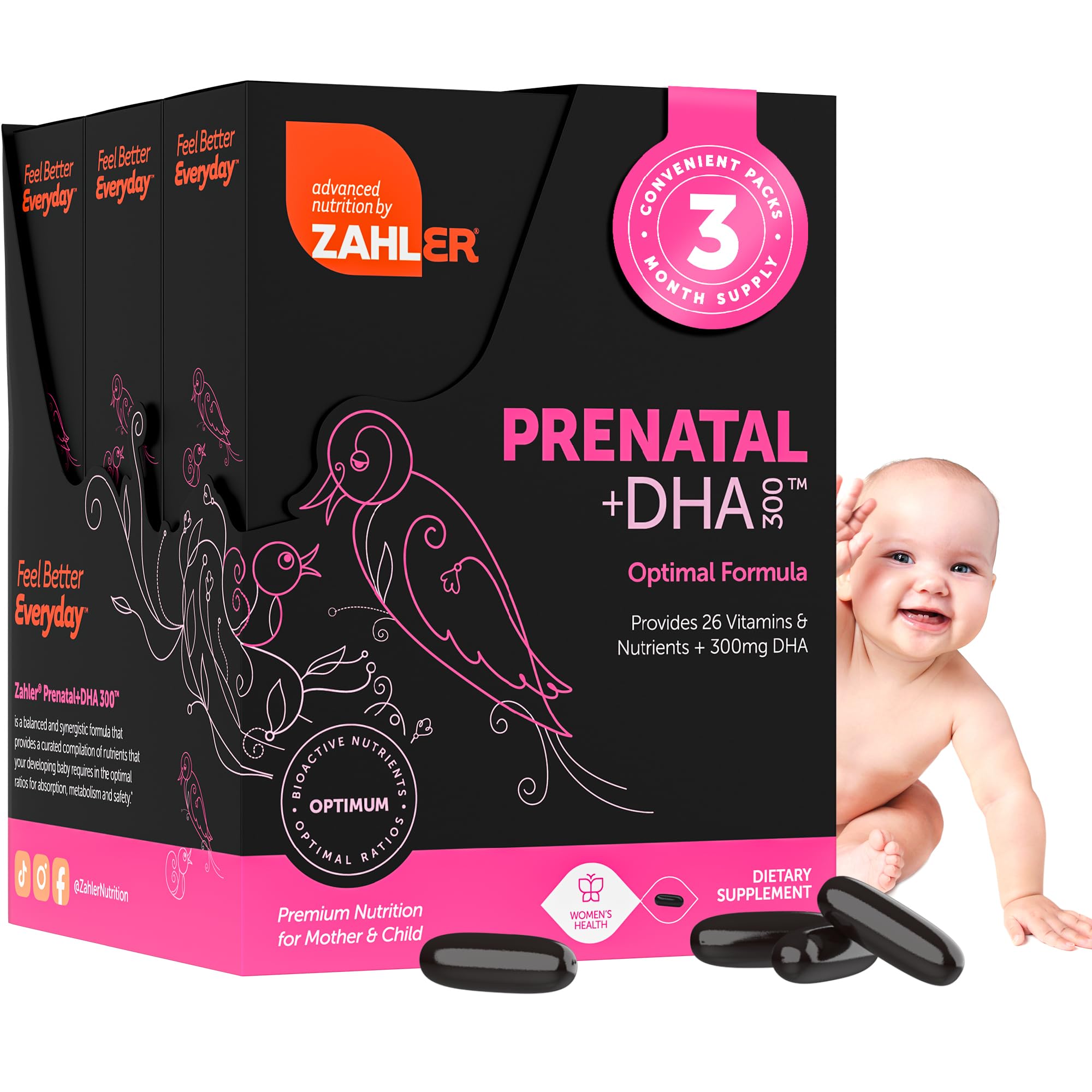 Zahler Prenatal DHA softgel bottle highlights an easy-to-swallow daily prenatal supplement.