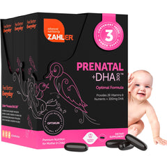 Zahler Prenatal DHA softgel bottle highlights an easy-to-swallow daily prenatal supplement.