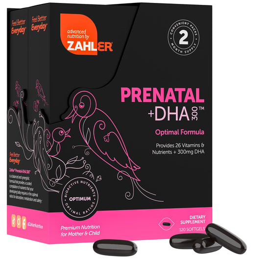 Zahler Prenatal DHA softgels close-up showing easy swallowing design.