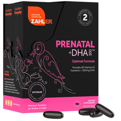 Zahler Prenatal DHA softgels close-up showing easy swallowing design.