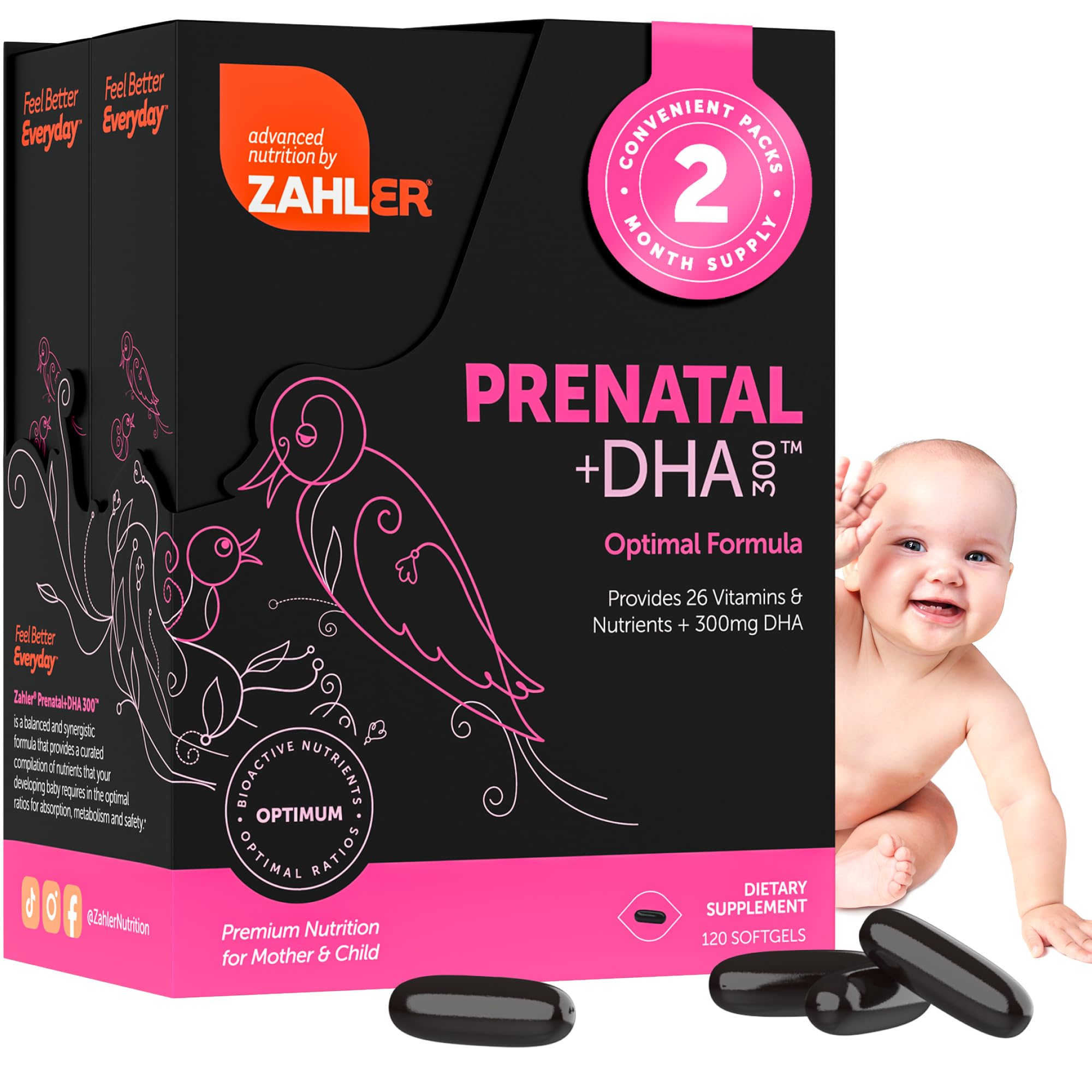 Zahler Prenatal vitamin bottle with softgels for easy swallowing.