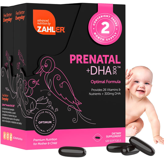 Zahler Prenatal vitamin bottle with softgels for easy swallowing.