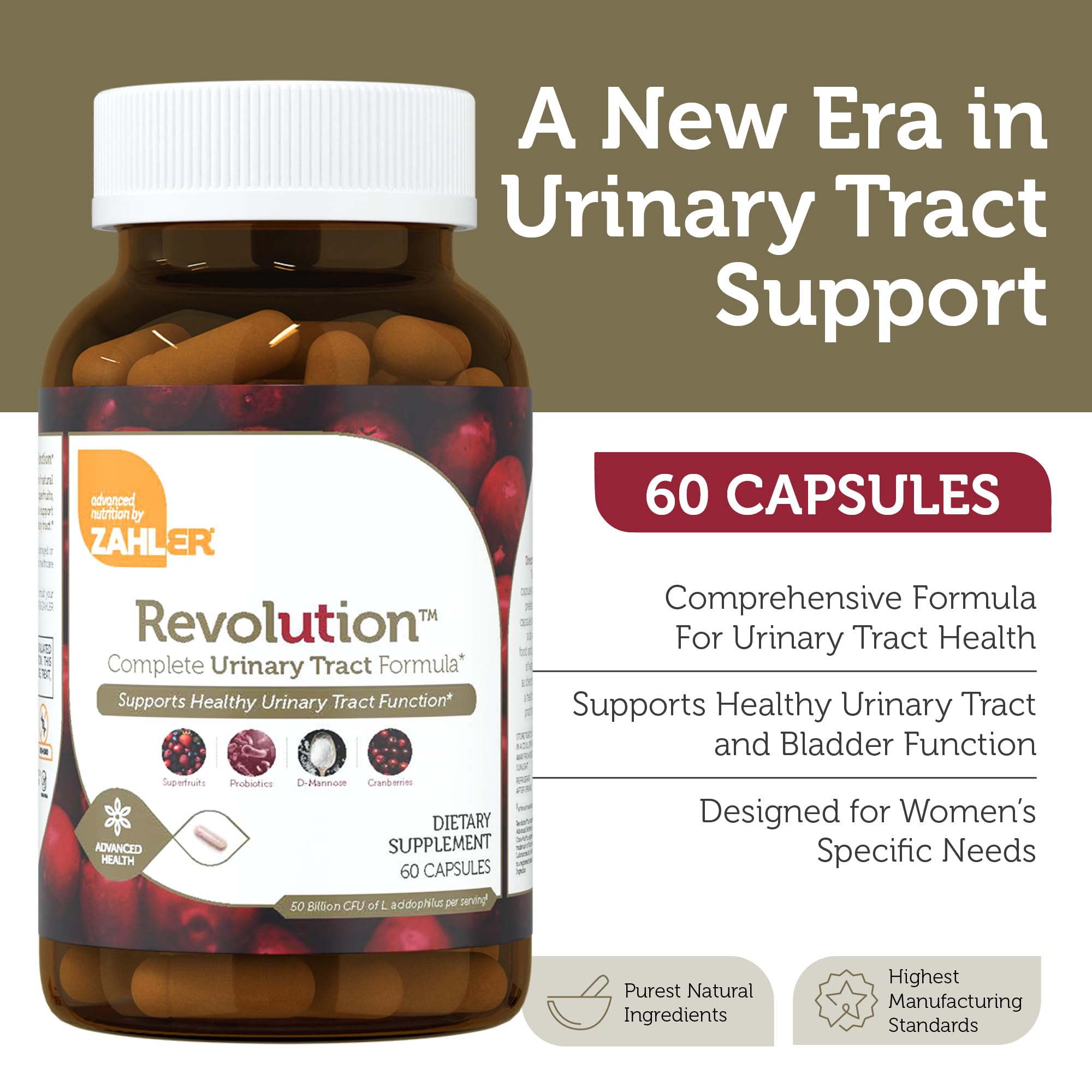 Close-up of Zahler Revolution D-Mannose and Cranberry ingredients supporting urinary health.