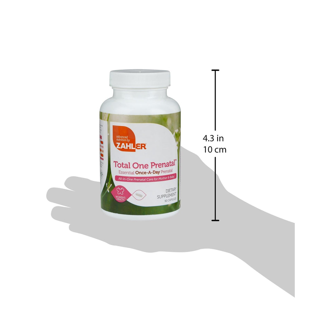 Close-up of Zahler Total One Prenatal bottle, convenient once-daily intake with meals