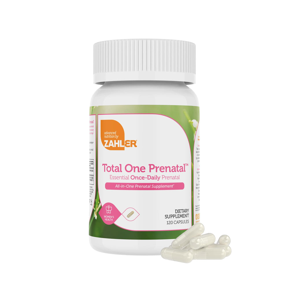 Zahler Total One Prenatal bottle front view, promoting simple daily nutrition for moms-to-be.