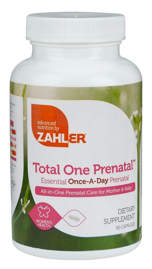 Zahler Total One Prenatal bottle front with 90 capsules, supporting daily prenatal nutrition
