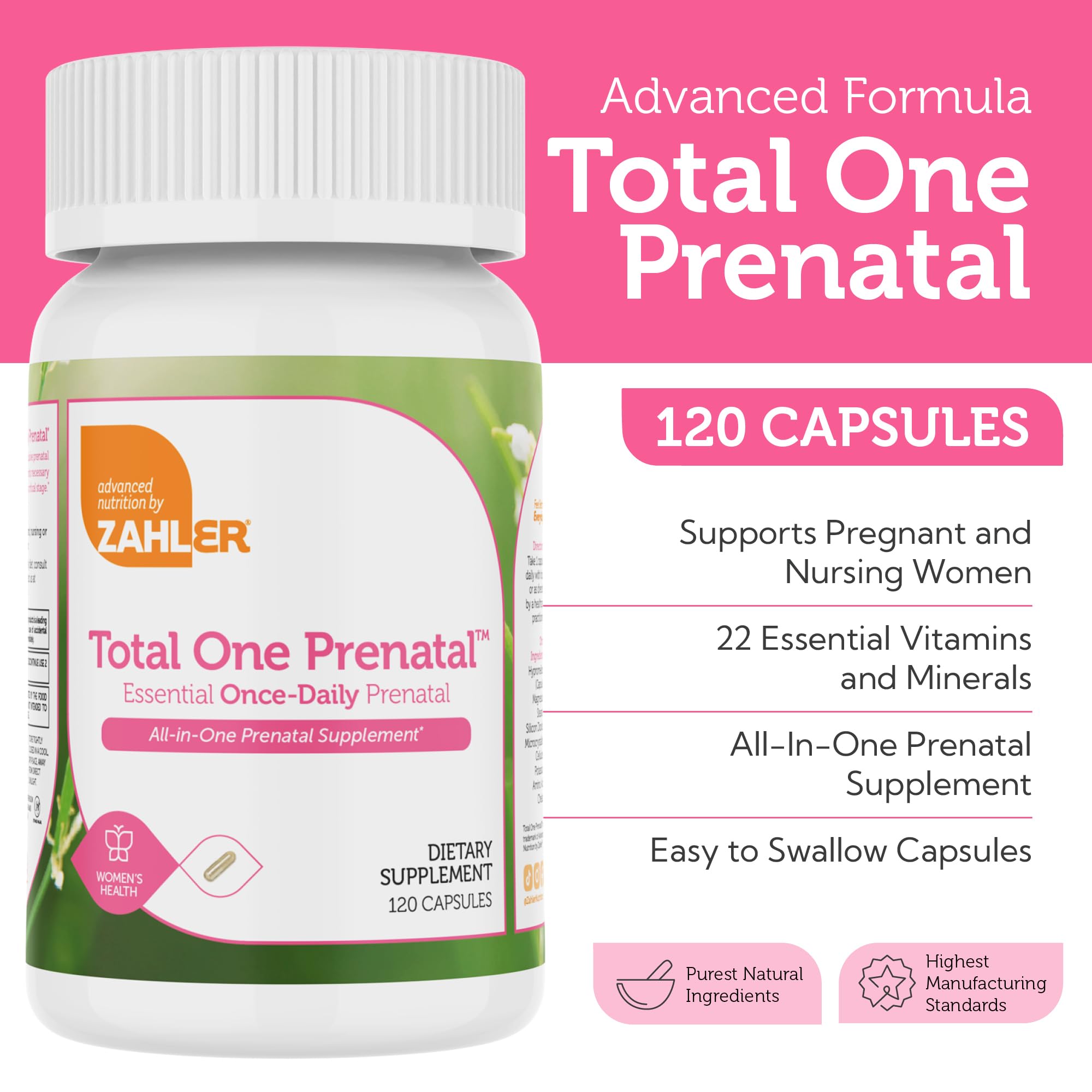 Zahler Total One Prenatal capsule close-up, easy-to-swallow design for comfortable daily use.