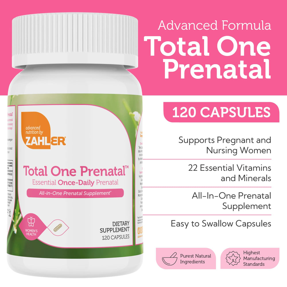 Zahler Total One Prenatal capsule close-up, easy-to-swallow design for comfortable daily use.