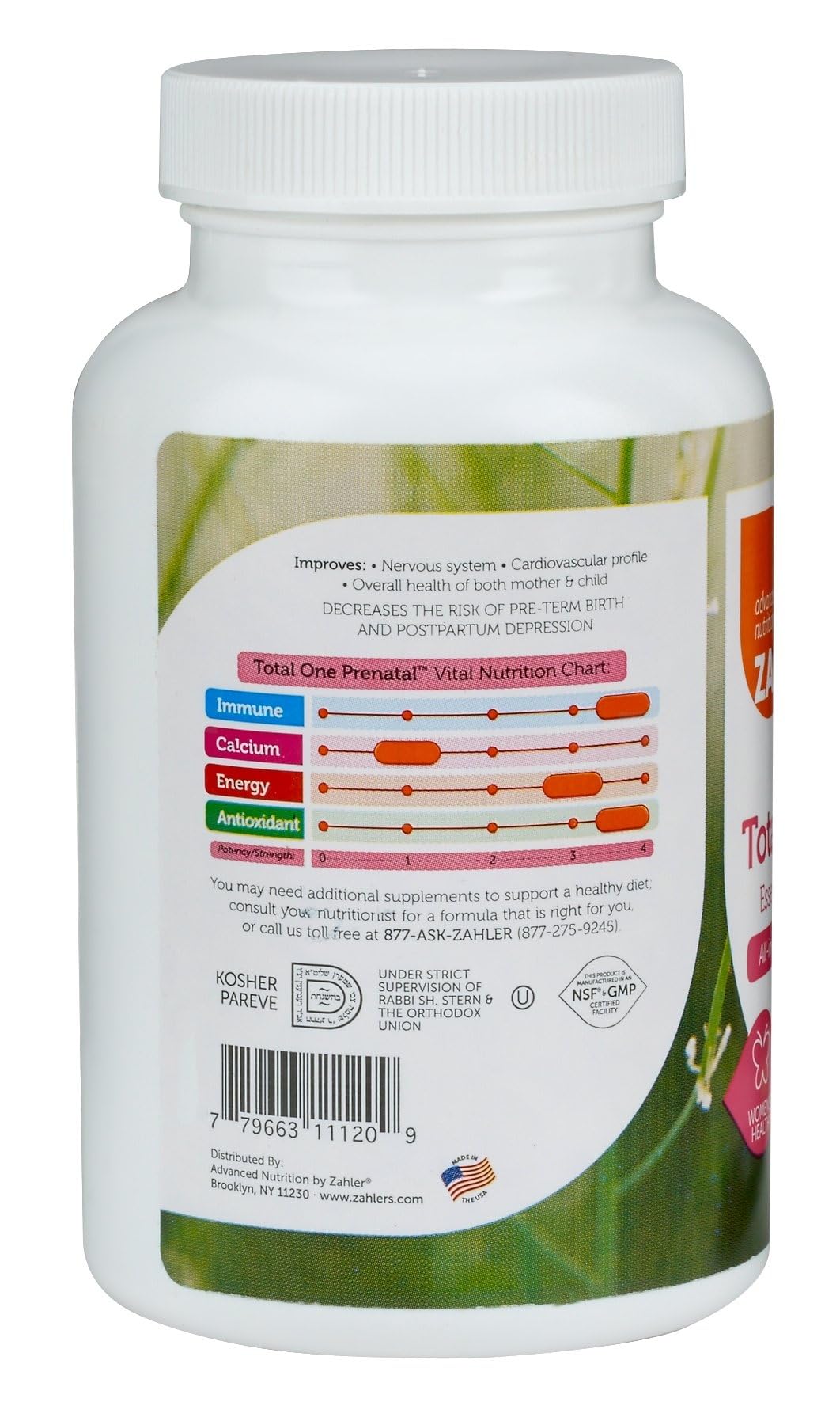 Zahler Total One Prenatal label close-up, featuring 22 nutrients for pregnancy support