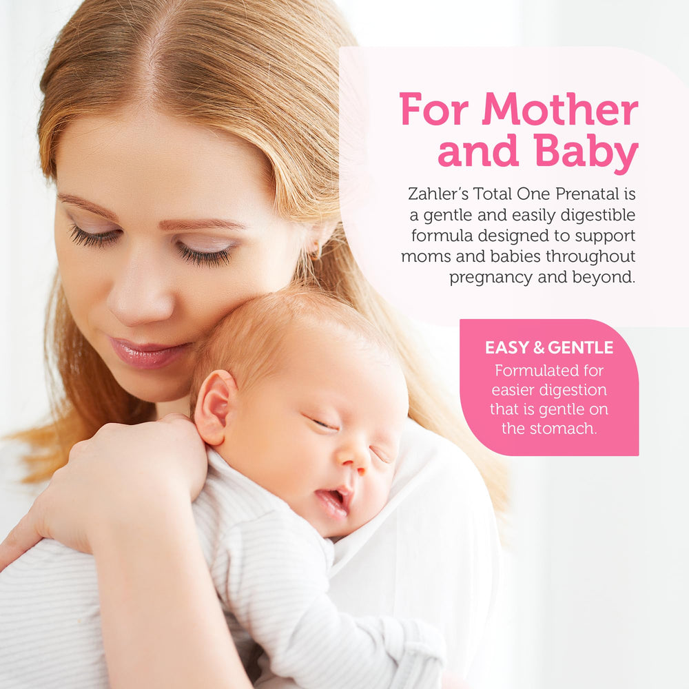 Zahler Total One Prenatal label panel, highlights 22 nutrients for pregnancy support.