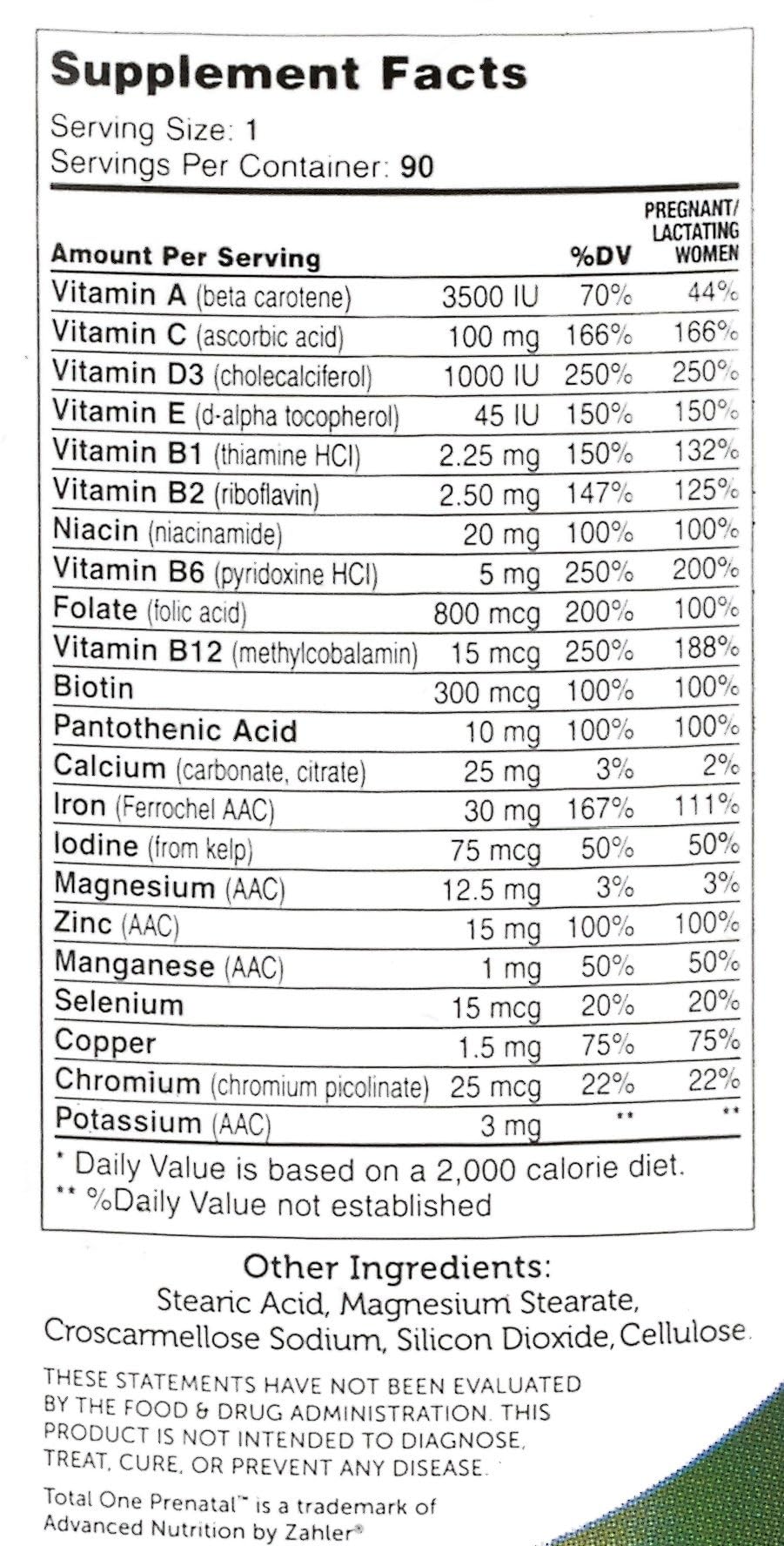 Zahler Total One Prenatal packaging on shelf, kosher and dairy-free attributes