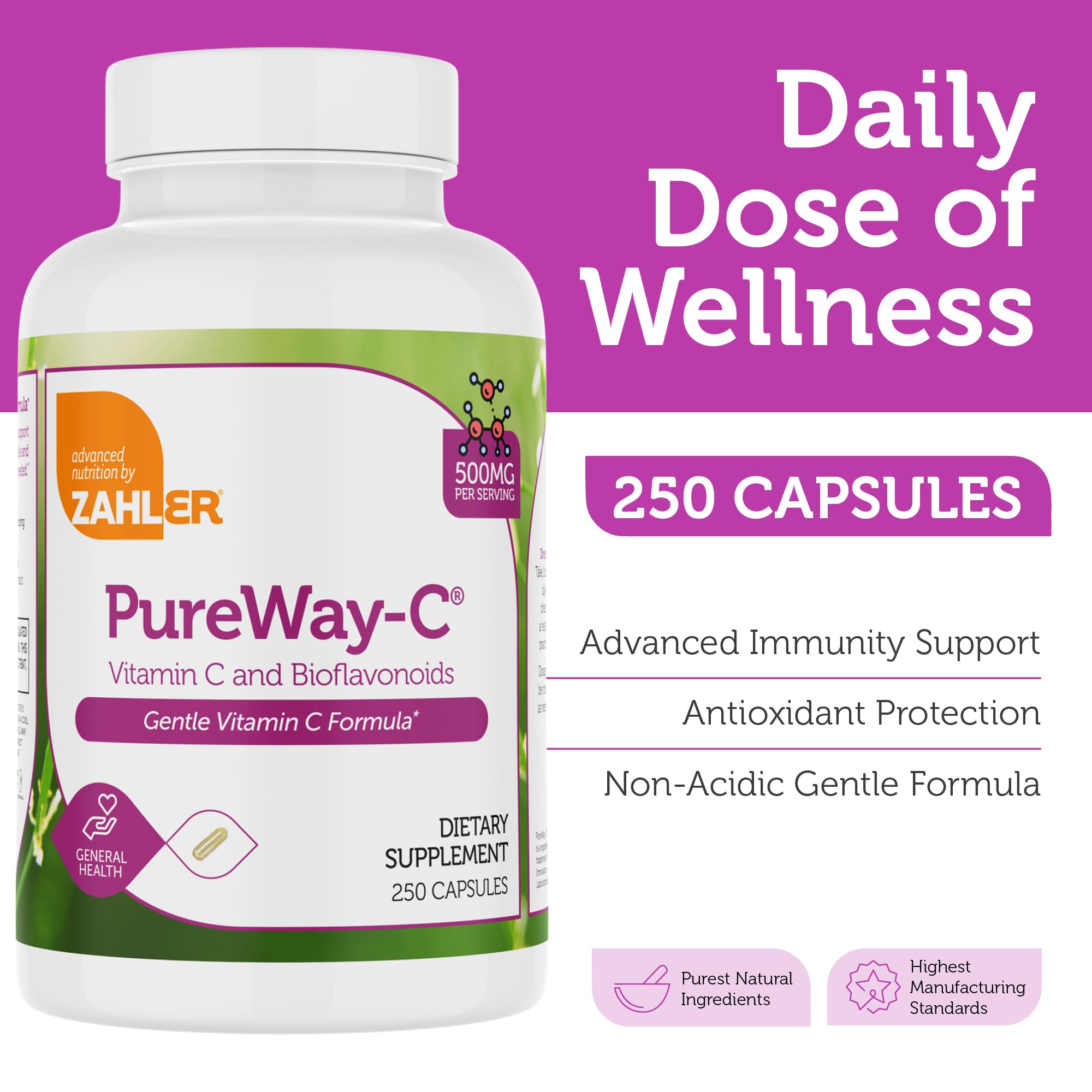 Zahler Vitamin C 500mg pill closeup highlights smooth, easy-to-swallow capsule.