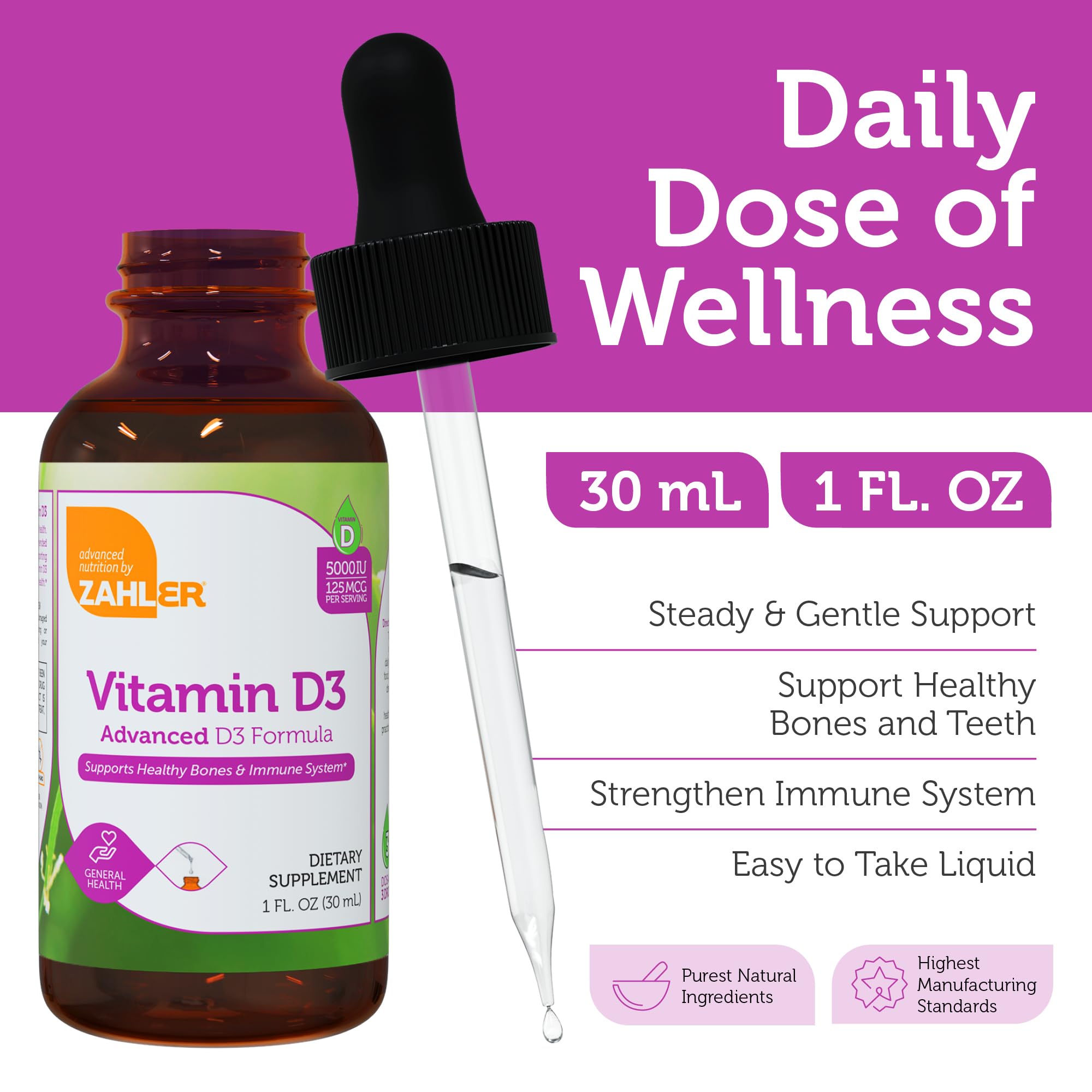 Zahler Vitamin D3 label close-up highlighting potency for teeth and bones