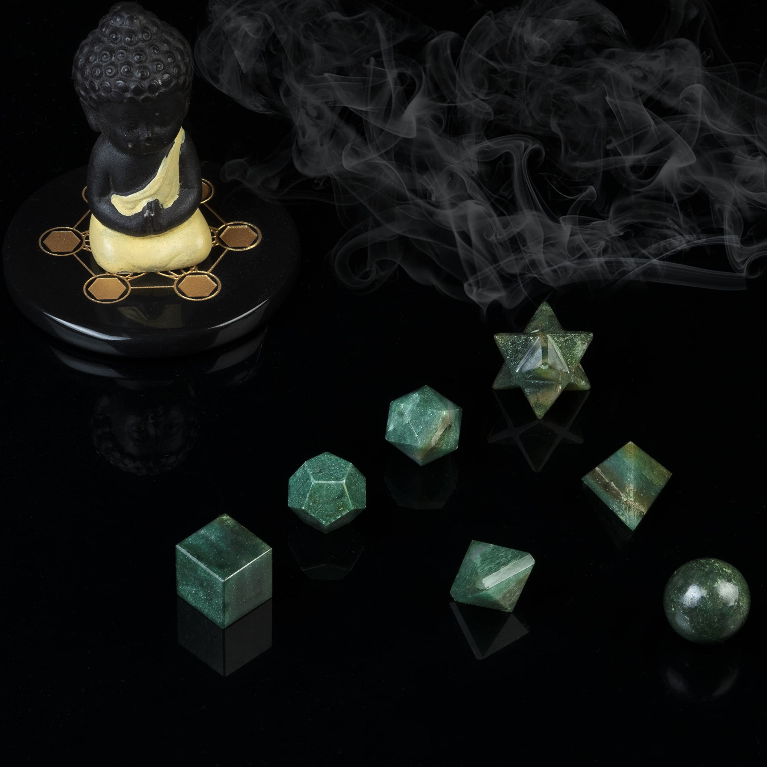 ZAICUS Green Mica platonic solids cube close-up for chakra balancing.
