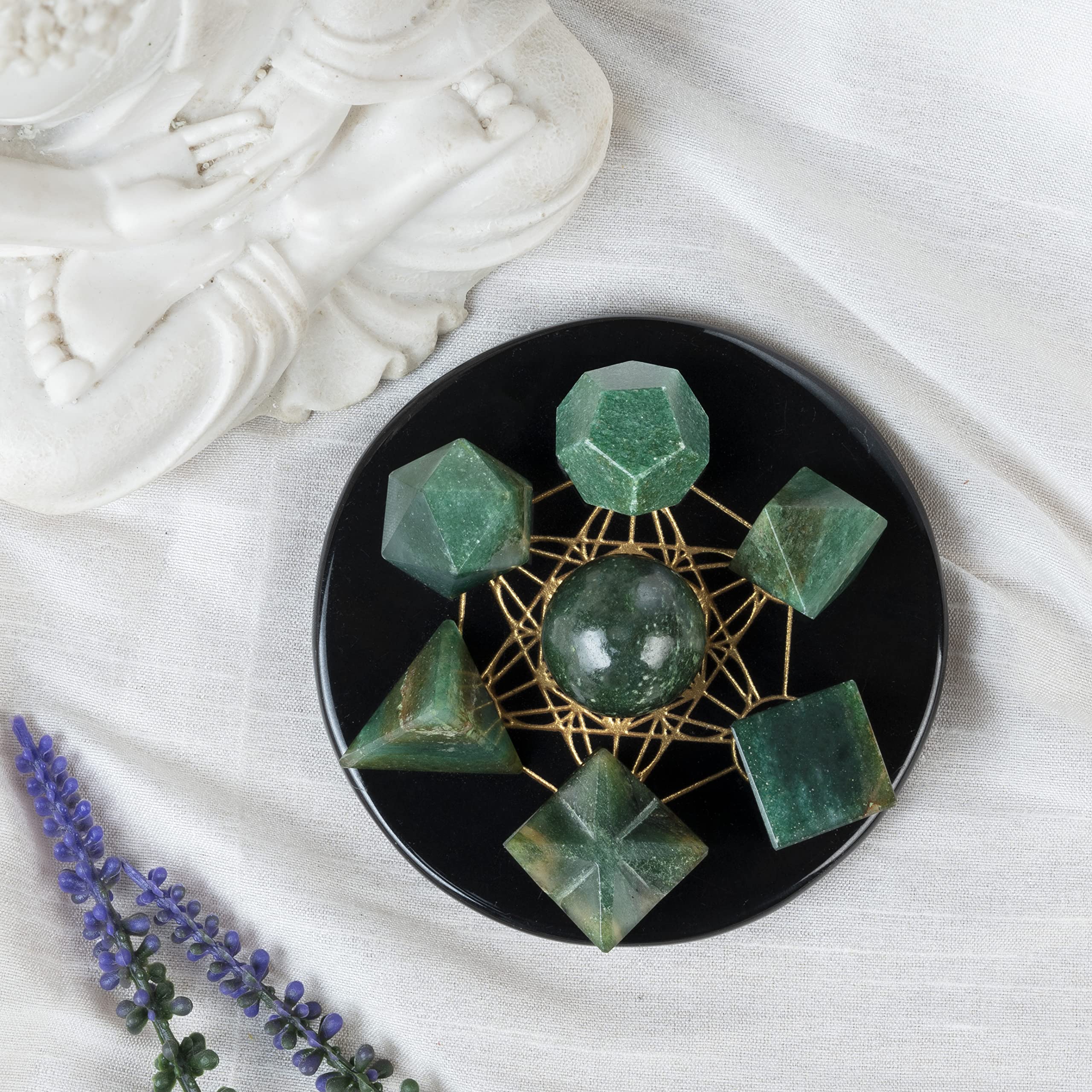 ZAICUS Green Mica platonic solids set close-up for meditation balance.
