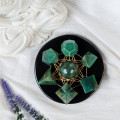 ZAICUS Green Mica platonic solids set close-up for meditation balance.