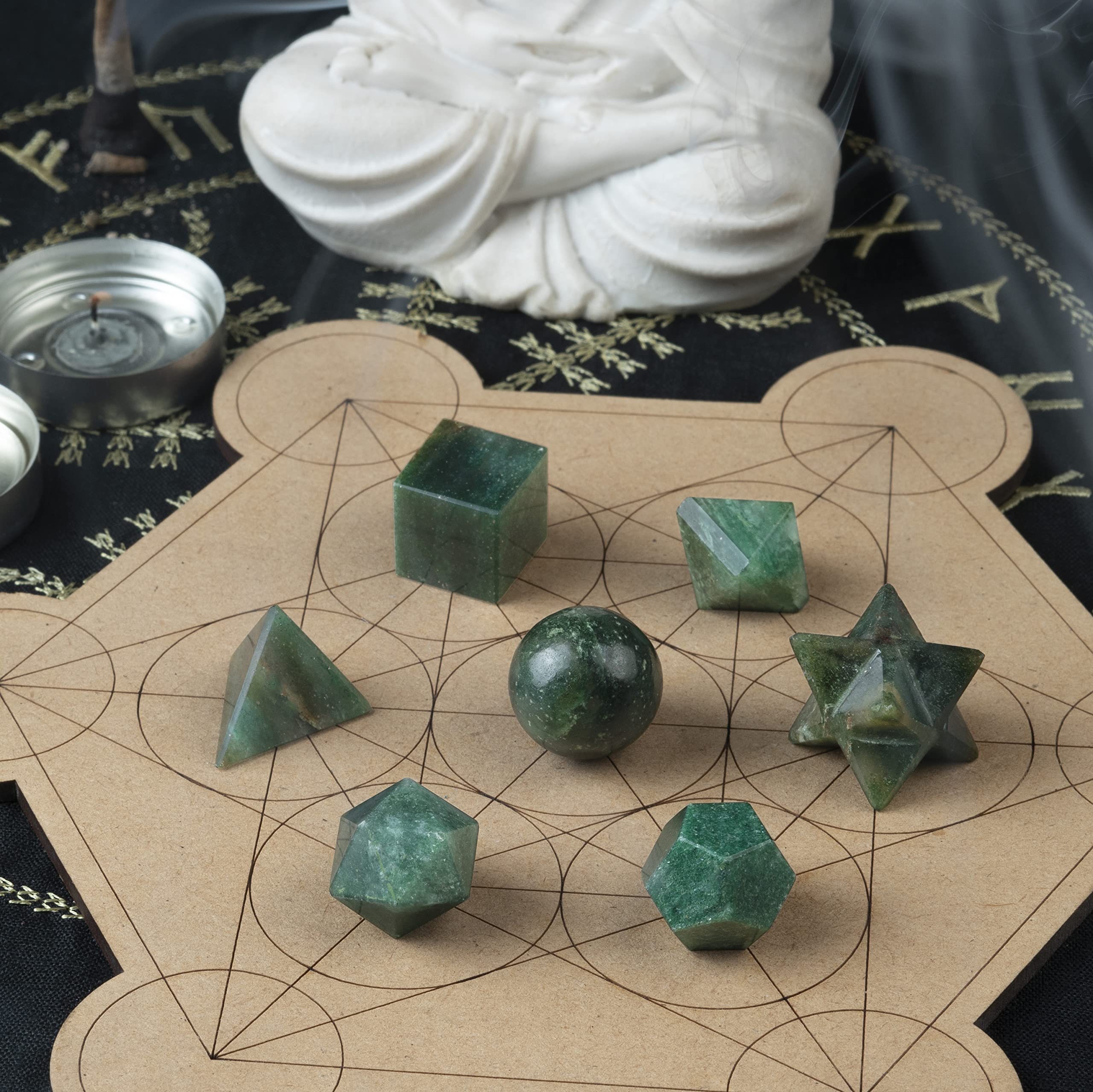 ZAICUS Green Mica platonic solids tetrahedron close-up for meditation.