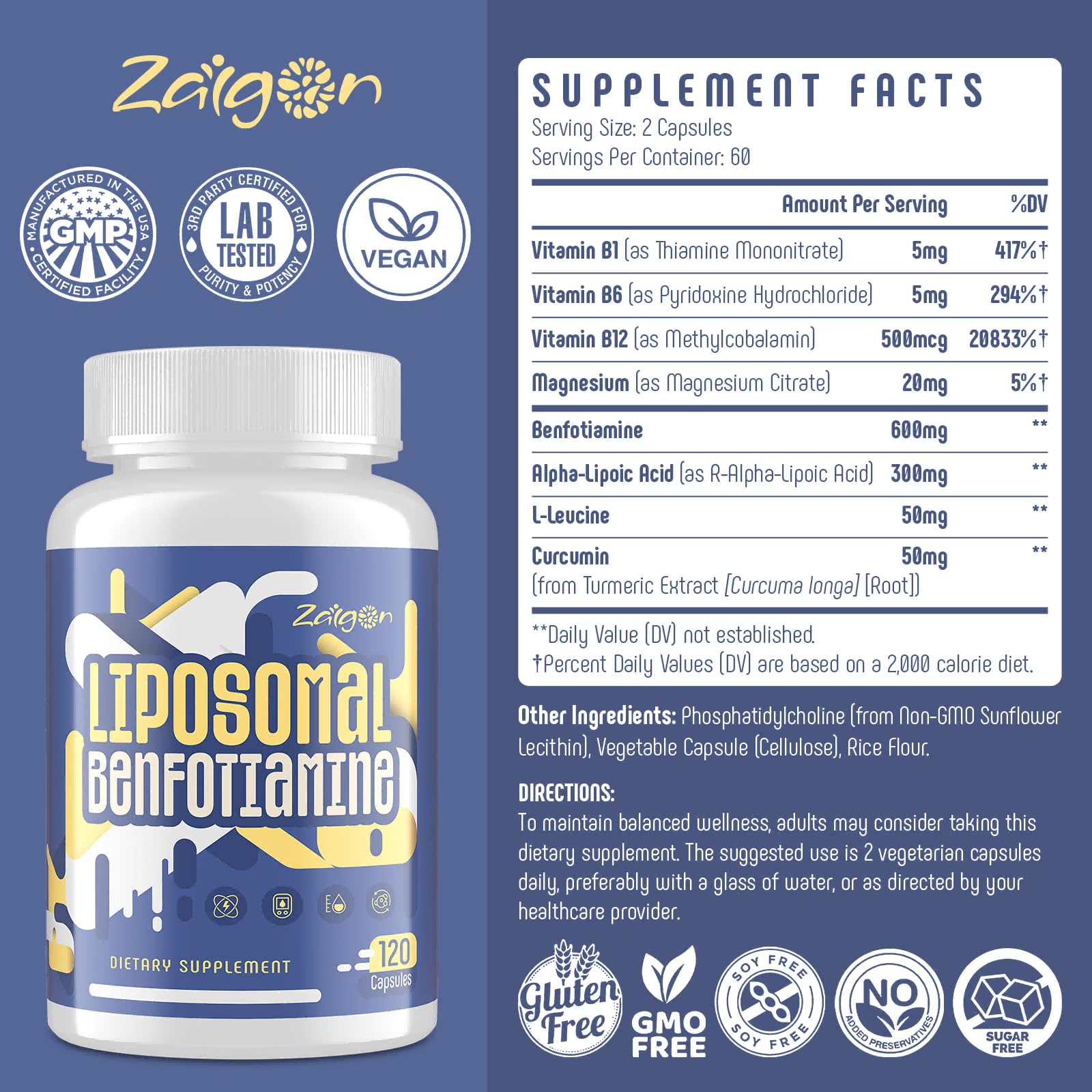 Zaigon Benfotiamine bottle seal communicates freshness and quality control.