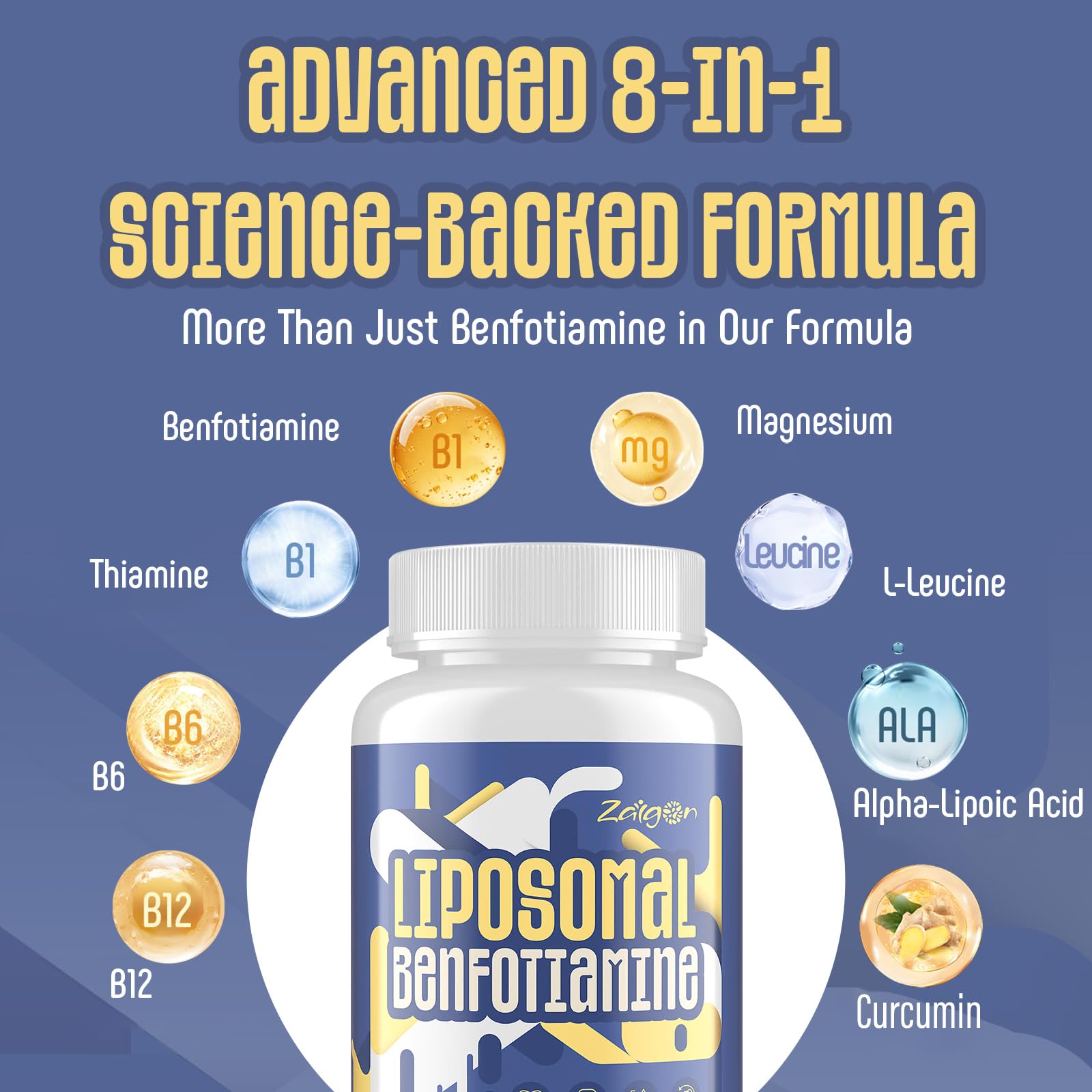Zaigon Benfotiamine ingredient label closeup emphasizes high potency per serving.