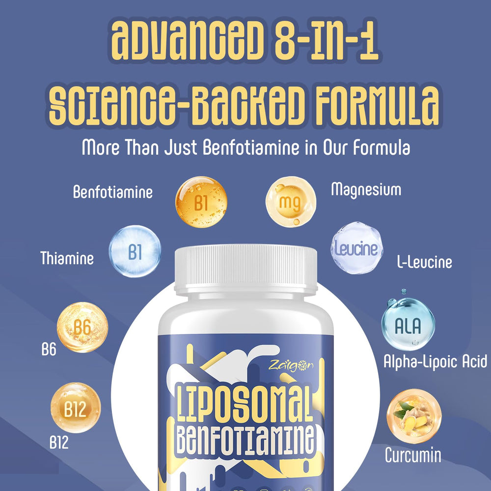 Zaigon Benfotiamine ingredient label closeup emphasizes high potency per serving.