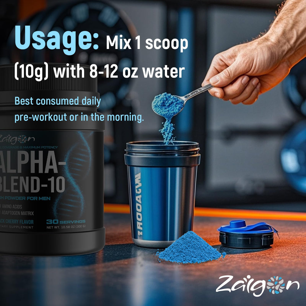 Zaigon HGH ingredient graphic visualizes L-Arginine, L-Lysine and adaptogens.