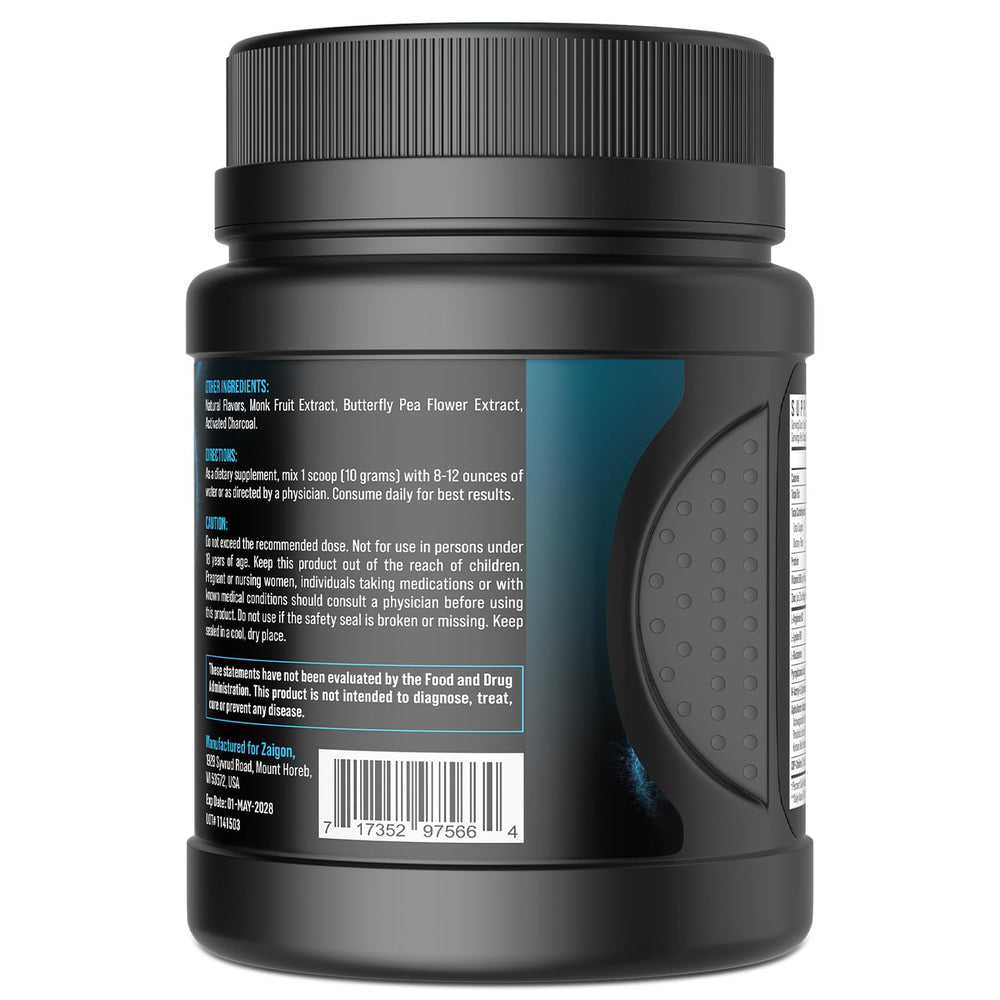 Zaigon HGH powder texture: deep black-blue premium quality.
